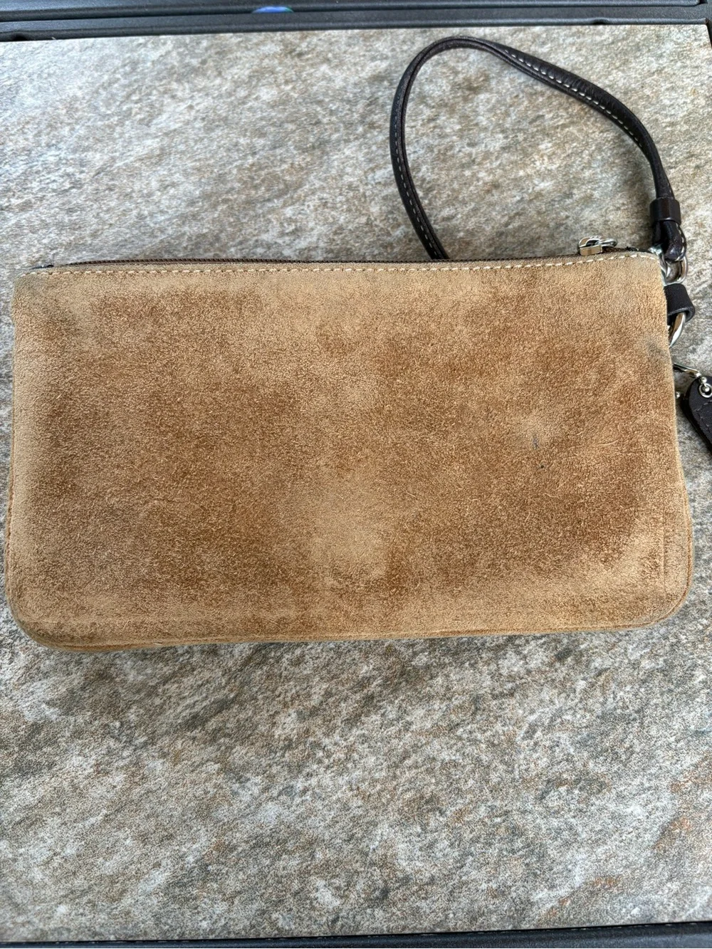 Coach Tan Suede Wristlet with Dark Brown Leather Trim